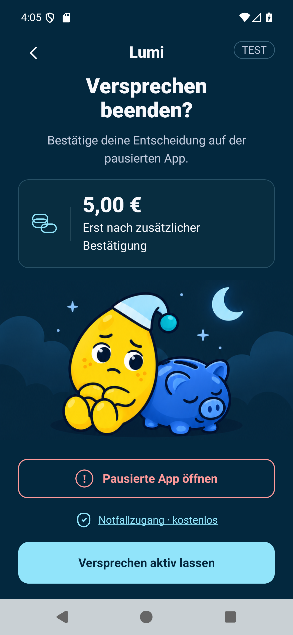 German Lumi test build before ending a pledge: example amount of 5 euros, a separate confirmation step and free emergency access.